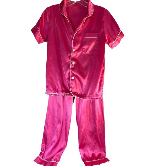 Weixinbuy Girls Pajama Set Top Short Sleeves Button Up Pocket Pants Pull-On Pink - Picture 1 of 4